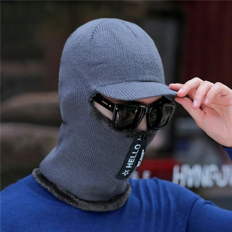 New Men's Winter Wool Hat with Ear Protection - Warm Thick Knitted Cap with Scarf and Windproof Visor for Outdoor Activities