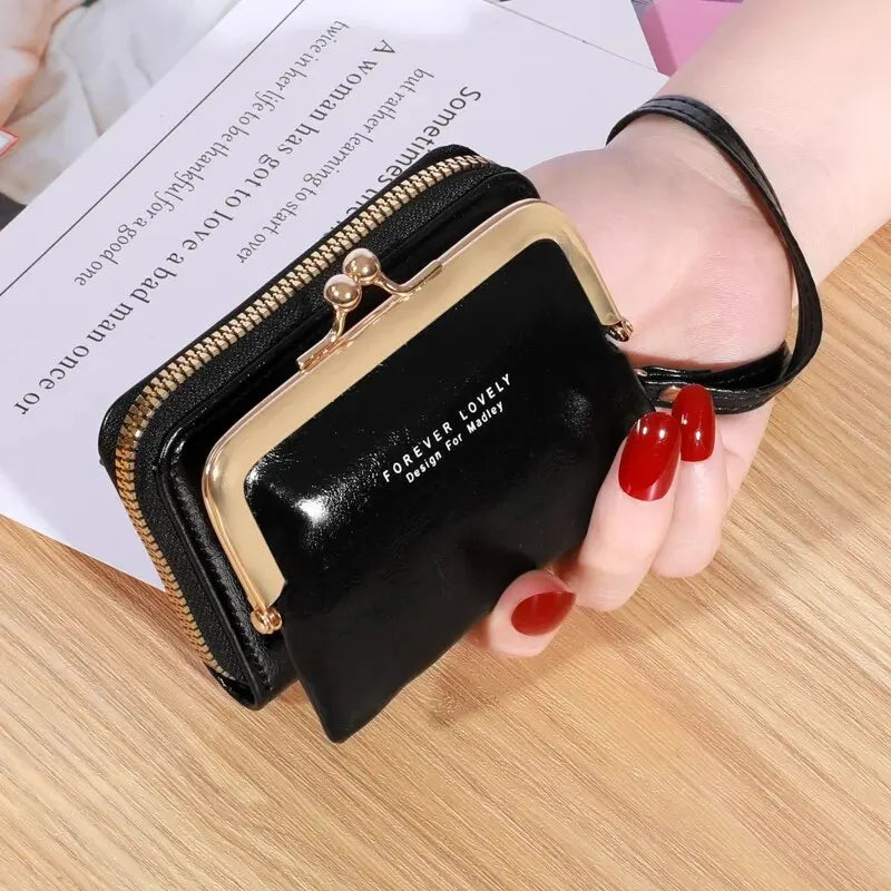 Women's Wrist Strap Wallet - Large Capacity Short Wax Oil Leather Zero Wallet with Multi-Card Holder and Letter Design