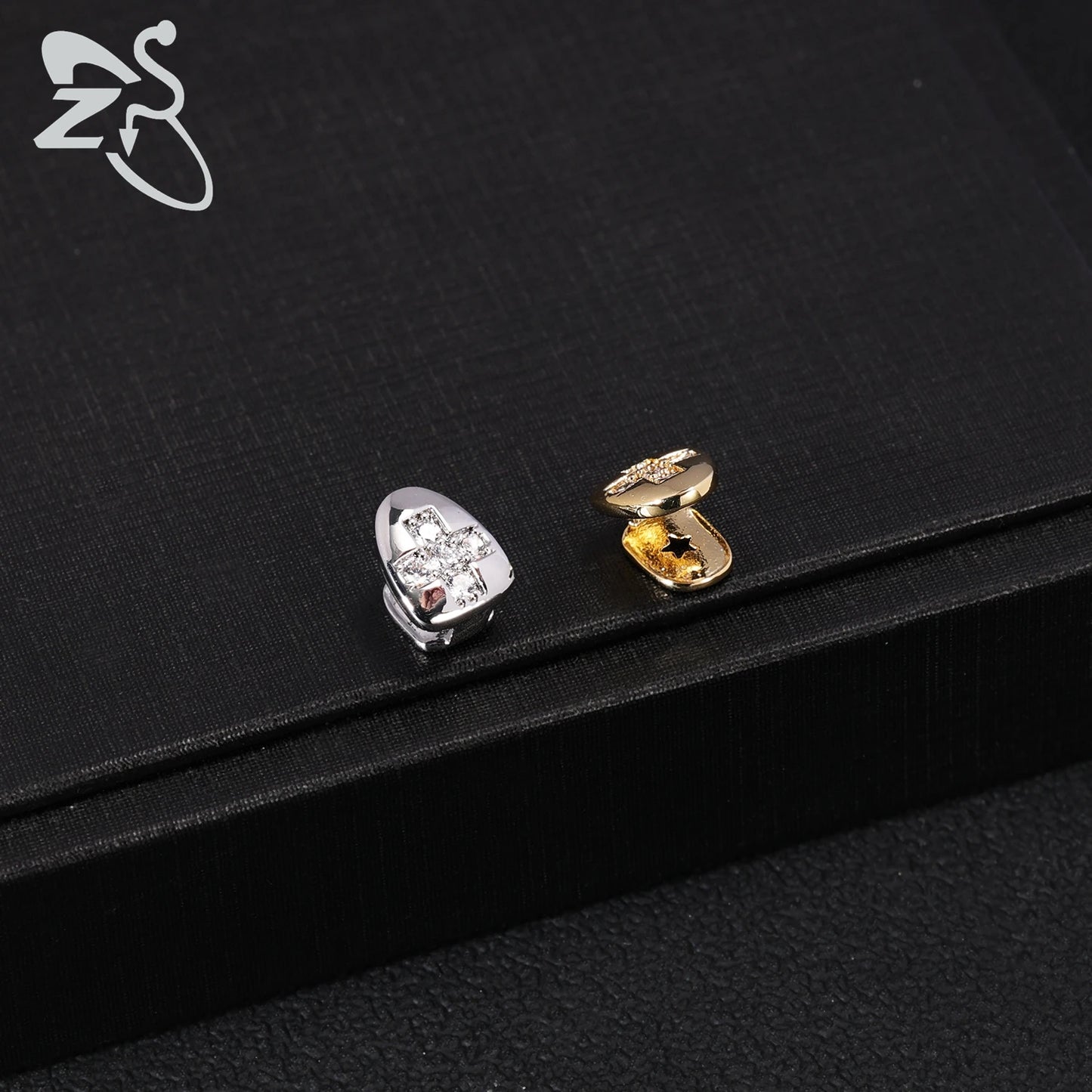 ZS Hip Hop Grillz – Silver/Gold Plated CZ Crystal Cross & Rose Star Tooth Cap, Top & Bottom Set