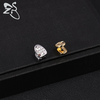 ZS Hip Hop Grillz – Silver/Gold Plated CZ Crystal Cross & Rose Star Tooth Cap, Top & Bottom Set