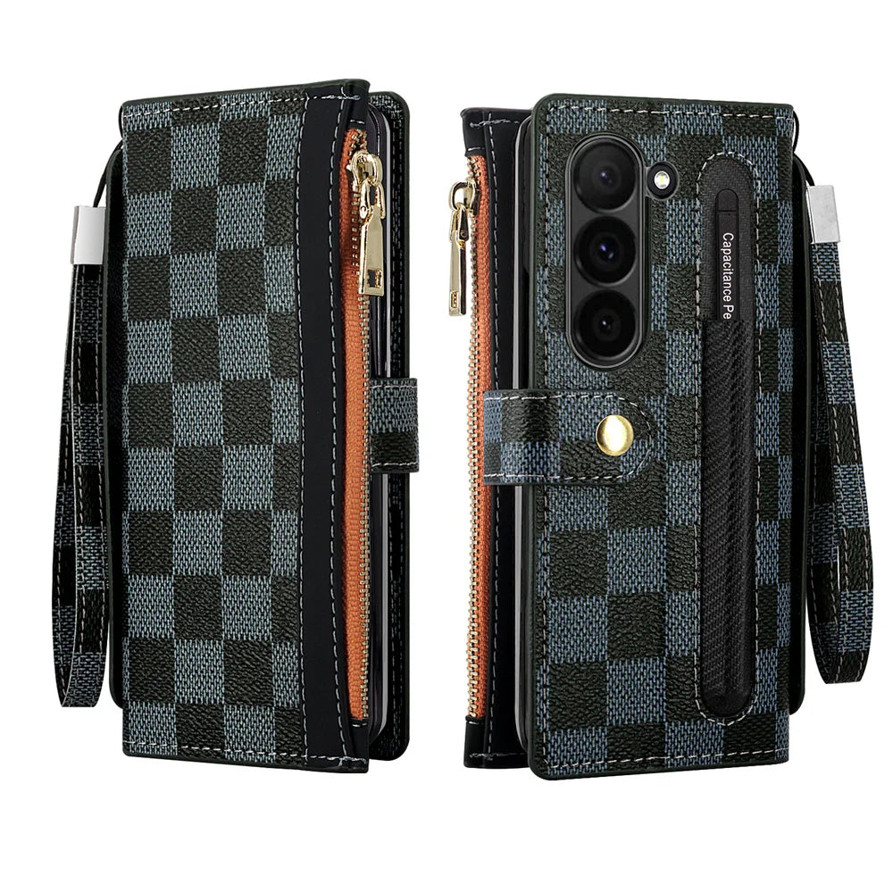 Leather Card Wallet Case with S Pen Slot for Samsung Galaxy Z Fold 6/5/4/3/2 — Multifunctional Zipper Protection Cover