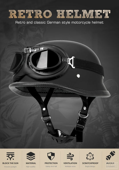 German Leather Motorcycle Half Helmet - Vintage Open Face Biker Helmet, DOT Certified, Casco Moto for S-XXL Sizes