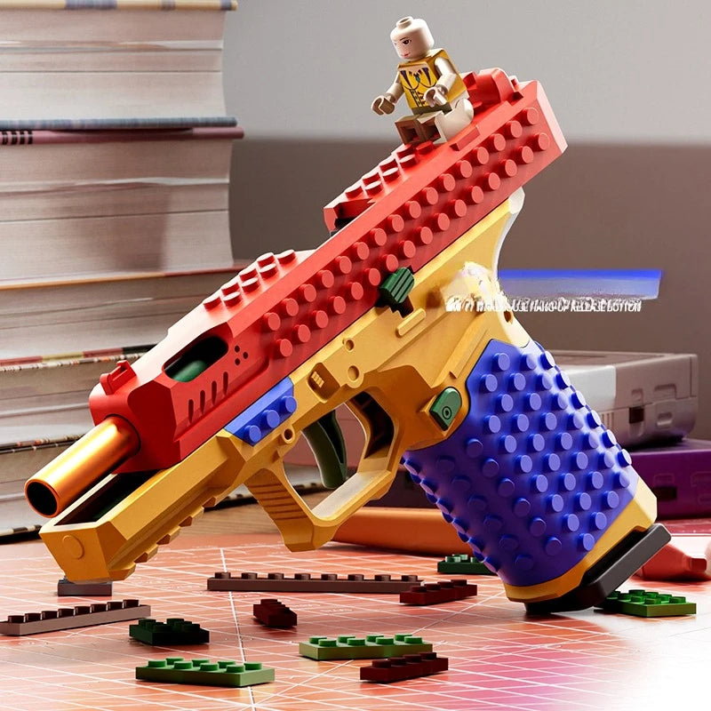 Building Block Shell Ejecting Toy Gun – Blowback Continuous Firing Airsoft Style Pistol for Outdoor Play & Collectors