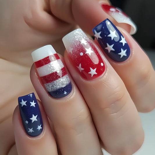 24PCS Star Design Press On Nails - American Red Blue Stripe Gradient Acrylic False Nail Tips for Stylish Nail Art