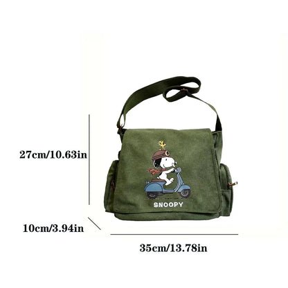 Snoopy Canvas Shoulder Bag – Large Multi-Pocket Cartoon Print Crossbody Messenger Bag for Women & Travel