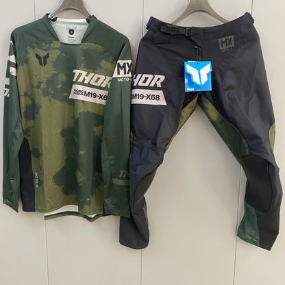 Thor 2026 Motorcycle Riding Set - Bleach Black Camo Off-Road Racing Gear Long Sleeve Jersey and Pants