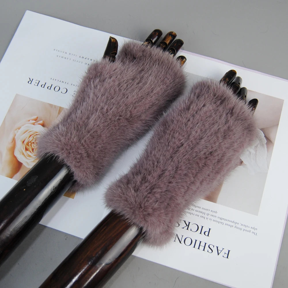 Women’s Winter Mink Fur Gloves – 100% Natural Fingerless Knitted Mittens for Warmth