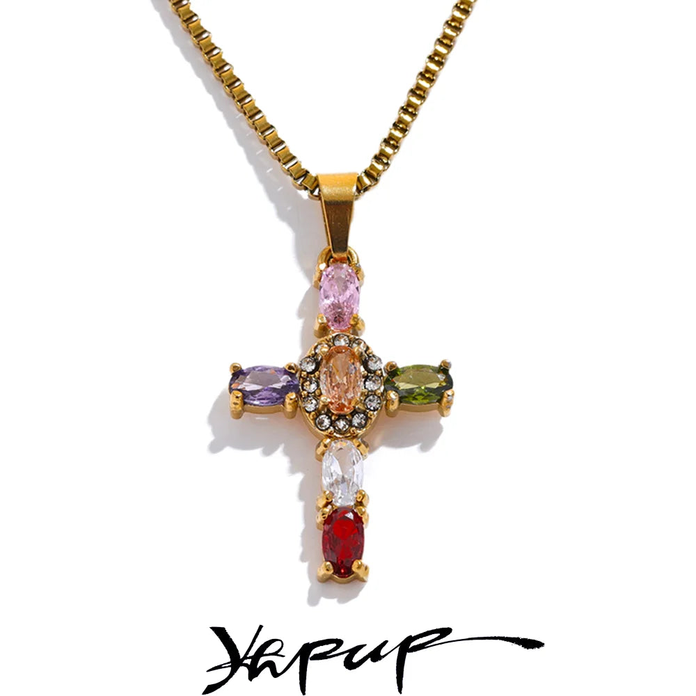 Yhpup Colorful Cubic Zirconia Cross Pendant Stainless Steel Luxury Necklace – Shiny Fashion Jewelry Gift for Women
