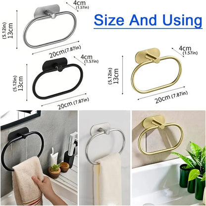 Stainless Steel Self-Adhesive Towel Holder – Black Bathroom & Kitchen Rack, Washhand Hanger Ring Bar