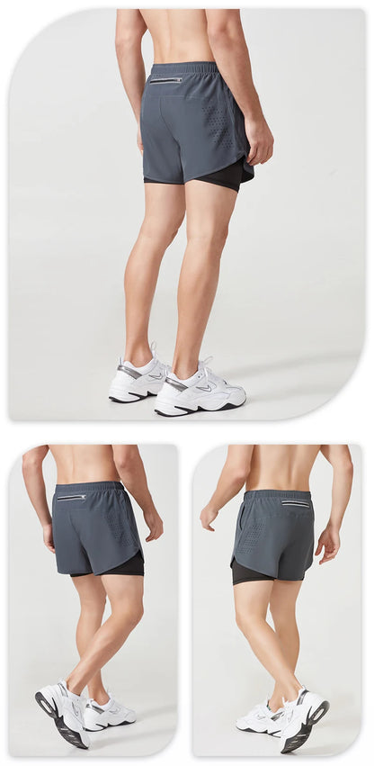 Men’s Quick-Dry Running Shorts — Black Double Layer Sport Workout Training Bodybuilding Shorts