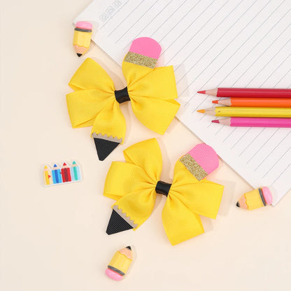 2Pcs Pencil Bow Hair Clips - Cute Kawaii Back to School Hairpins for Girls Kids