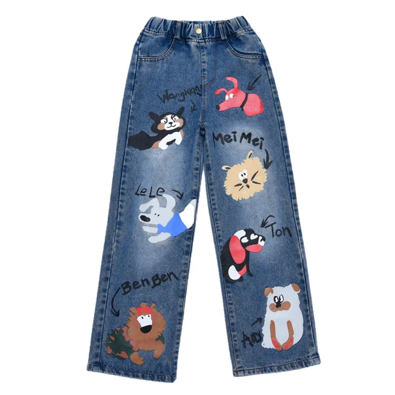 New 2024 Teenage Girls’ Blue Street Cartoon Jeans – Elastic Mid-Waist Loose Wide-Leg Denim Pants for Spring Fashion