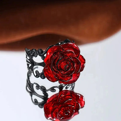 Punk Gothic Red Rose Ring - Vintage Black Vine Witch-Inspired Halloween Party Jewelry & Gift
