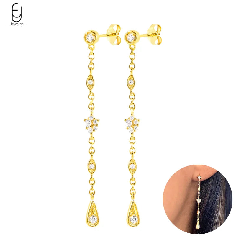 925 Sterling Silver Gold Tassel Earrings - Vintage Crystal Long Chain Hoop Jewelry for Women