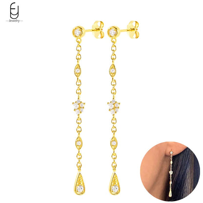 925 Sterling Silver Gold Tassel Earrings - Vintage Crystal Long Chain Hoop Jewelry for Women