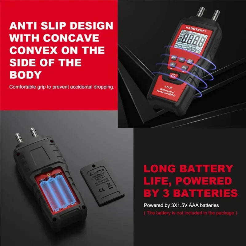 HT636 Digital Manometer - Handheld Differential Air Pressure Gauge with 12 Measurement Units for HVAC Testing