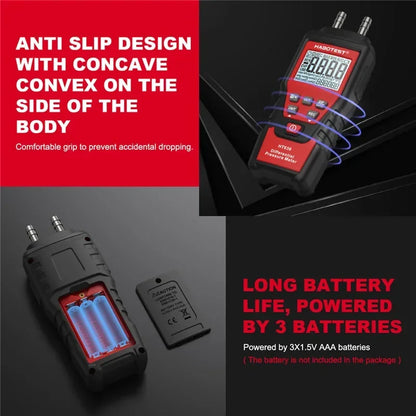 HT636 Digital Manometer - Handheld Differential Air Pressure Gauge with 12 Measurement Units for HVAC Testing