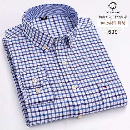 Men's 100% Cotton Oxford Plaid Shirt - Soft Regular Fit Long Sleeve Formal Dress Shirt with Pocket S-7XL