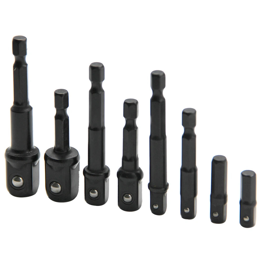 8pc Electric Screwdriver Adapter Set – 1/2'' Hex, 3/8'' Square, 1/4'' Extension Rod Tool Accessories