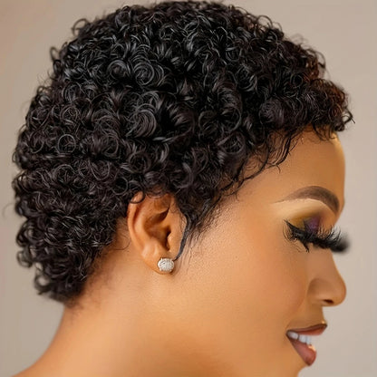 99J Short Curly Human Hair Wig - Full Machine-Made Kinky Curly Wig for Women