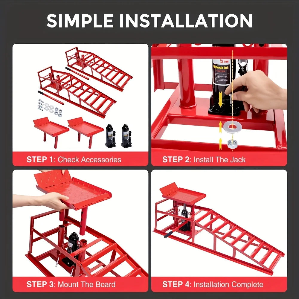 2PCS Heavy Duty Hydraulic Car Ramps - 11000LBS Floor Jack Lift Ramps for Oil Changes, Trucks & Garage Auto Repair