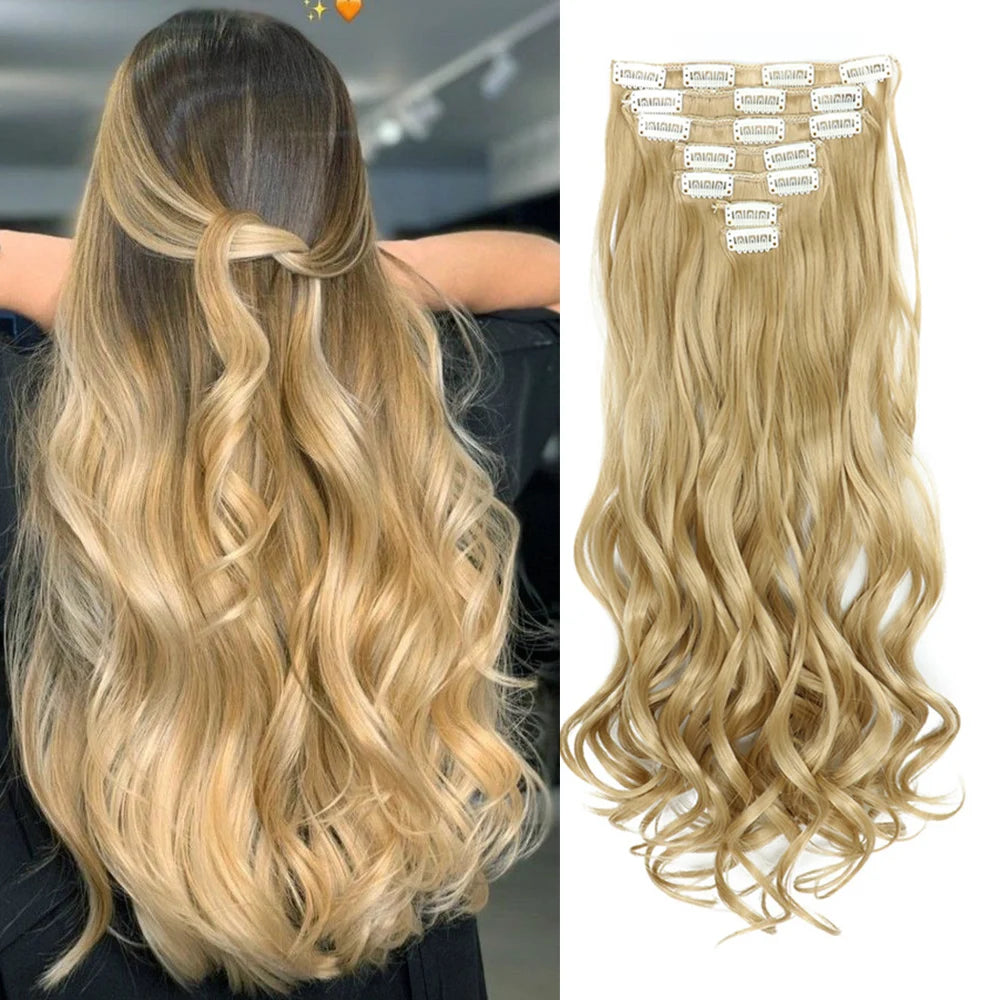 Clip-In Hair Extensions, 7-Piece Full Head 22-Inch Long Curly Wavy Synthetic Hair Extensions for Women and Girls