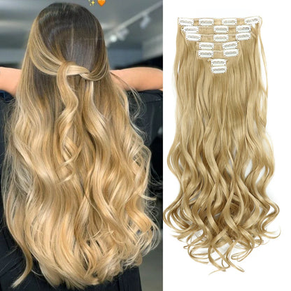 Clip-In Hair Extensions, 7-Piece Full Head 22-Inch Long Curly Wavy Synthetic Hair Extensions for Women and Girls
