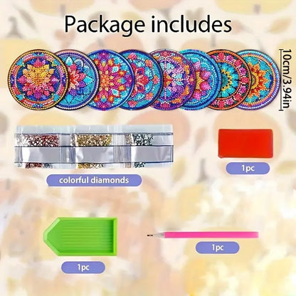 8-Piece DIY Diamond Painted Coasters Set – Mandala Pattern with Complimentary Cup Holder