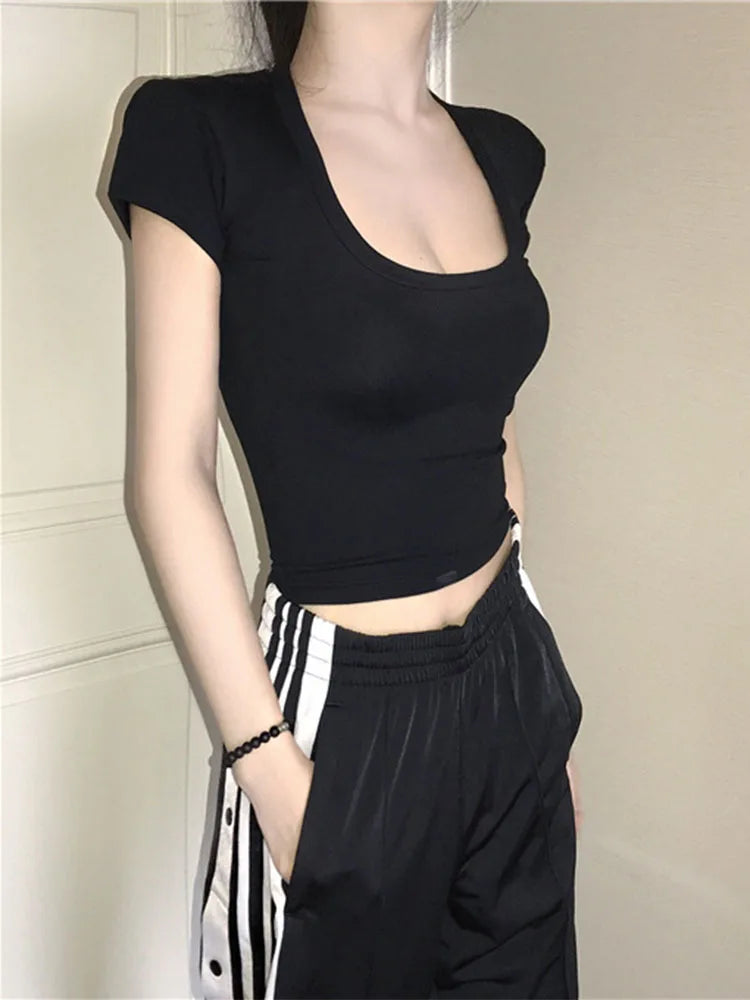 Women’s U-Neck Crop Top – Solid Color High Waist Slim Fit Short Sleeve Casual Streetwear T-Shirt