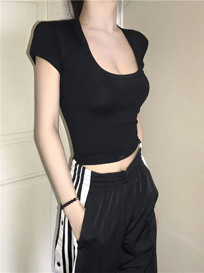 Women’s U-Neck Crop Top – Solid Color High Waist Slim Fit Short Sleeve Casual Streetwear T-Shirt