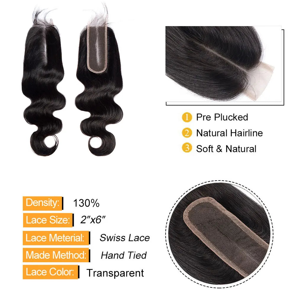 2x6 Human Hair Lace Closure 12-26 inch Body Wave – Transparent Kim Lace Closure for Women Hair Extensions