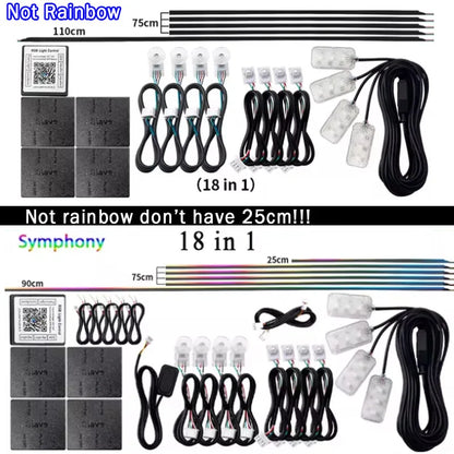 10/14/18-in-1 LED Car Ambient Lights – 213 64 Color RGB Bluetooth Rainbow Acrylic Strips, Atmosphere Lamp Kit 12V