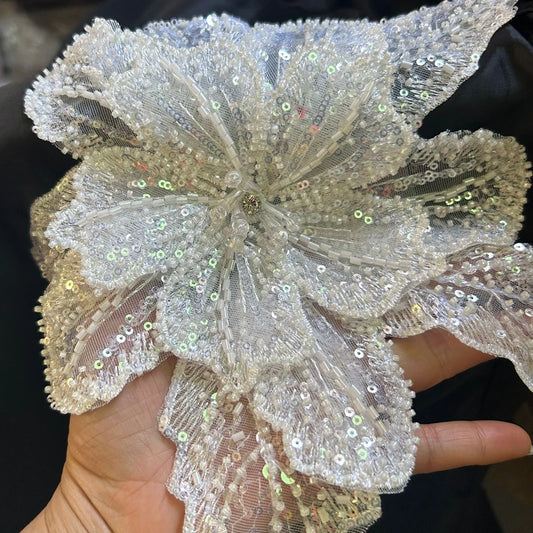 White Multi-Layer Lace Sequin 3D Flower Patch – DIY Clothing Decorative Applique