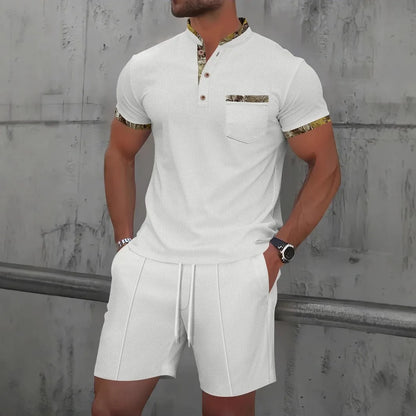 2025 Men's Summer Waffle Knit Short Set – Solid Color Zip-Up Lapel Shirt & Shorts | European & US Style