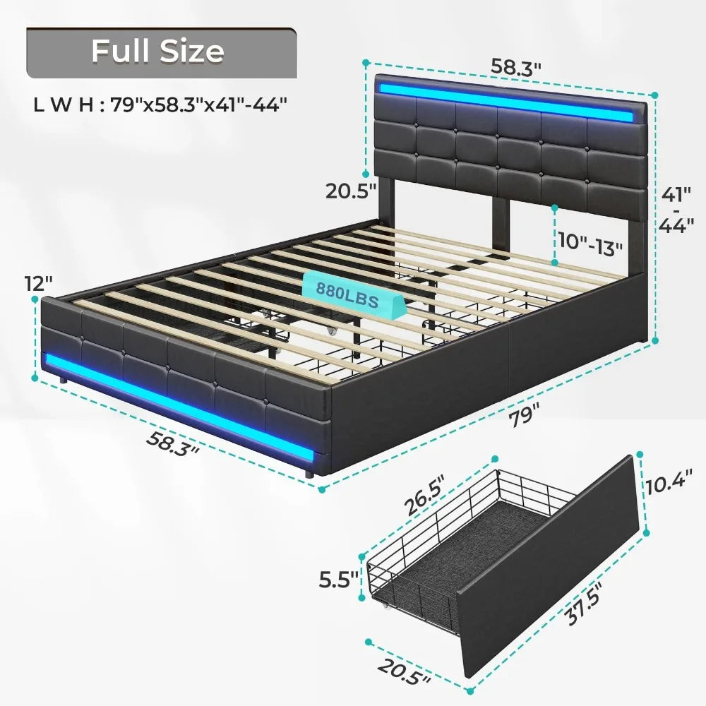 LED Full Size Bed Frame – Upholstered Platform Bed with Light-Up Headboard & Footboard, Square Stitched Tufted Design