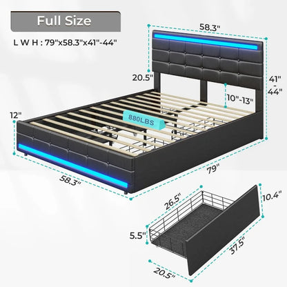 LED Full Size Bed Frame – Upholstered Platform Bed with Light-Up Headboard & Footboard, Square Stitched Tufted Design