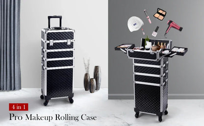Makeup Trolley Case 4-in-1 — Detachable Alloy Train Briefcase with Wheels, Lockable Large Capacity Storage for Nail Manicure Salon
