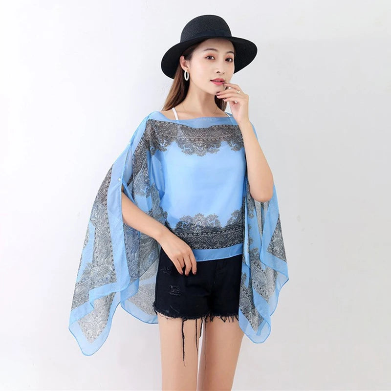 Women’s Summer Beach Shawl – Loose Chiffon Bikini Cover-Up Blouse with Buttons Sun Protection Scarf