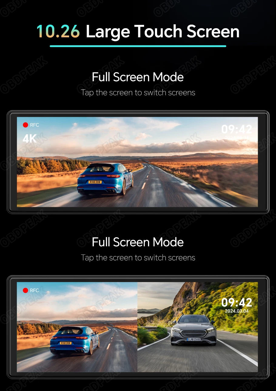 OBDPEAK K2 2.0 Dash Cam – 10.26" 4K Car DVR with CarPlay & Android Auto, GPS Navigation, Rearview Mirror Video Recorder