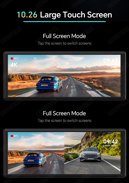 OBDPEAK K2 2.0 Dash Cam – 10.26" 4K Car DVR with CarPlay & Android Auto, GPS Navigation, Rearview Mirror Video Recorder