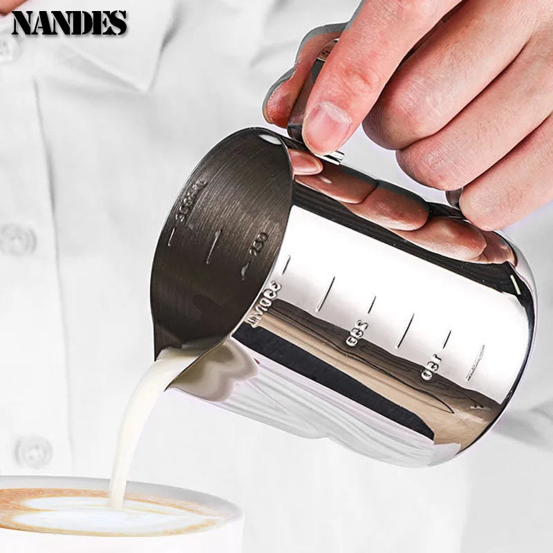 Stainless Steel Milk Frother Jug — Latte Pitcher with Measurement for Coffee & Espresso Barista Tools