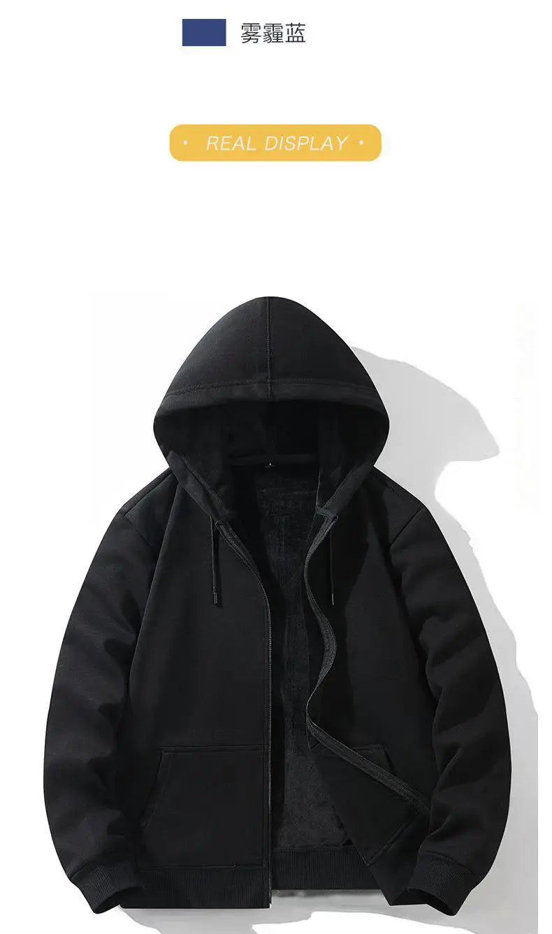Zipper Hooded Sweatshirt – Autumn Winter Fleece-Lined Cotton Cardigan for Men & Women, Solid Color Y2K Style
