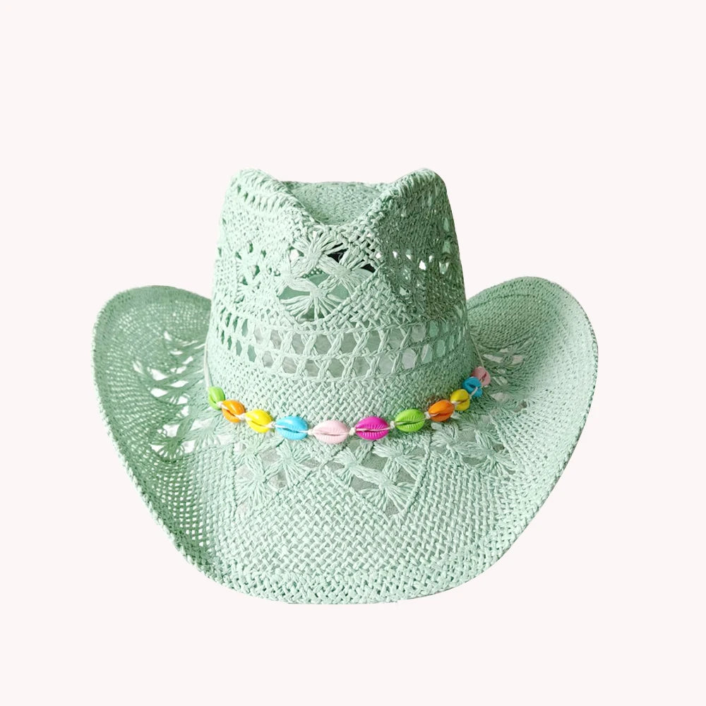 Melesh Western Women's Mint Green Cowboy Hat – Straw, Wide Brim, Plasticity Strong for Sunshine & Beach Wear