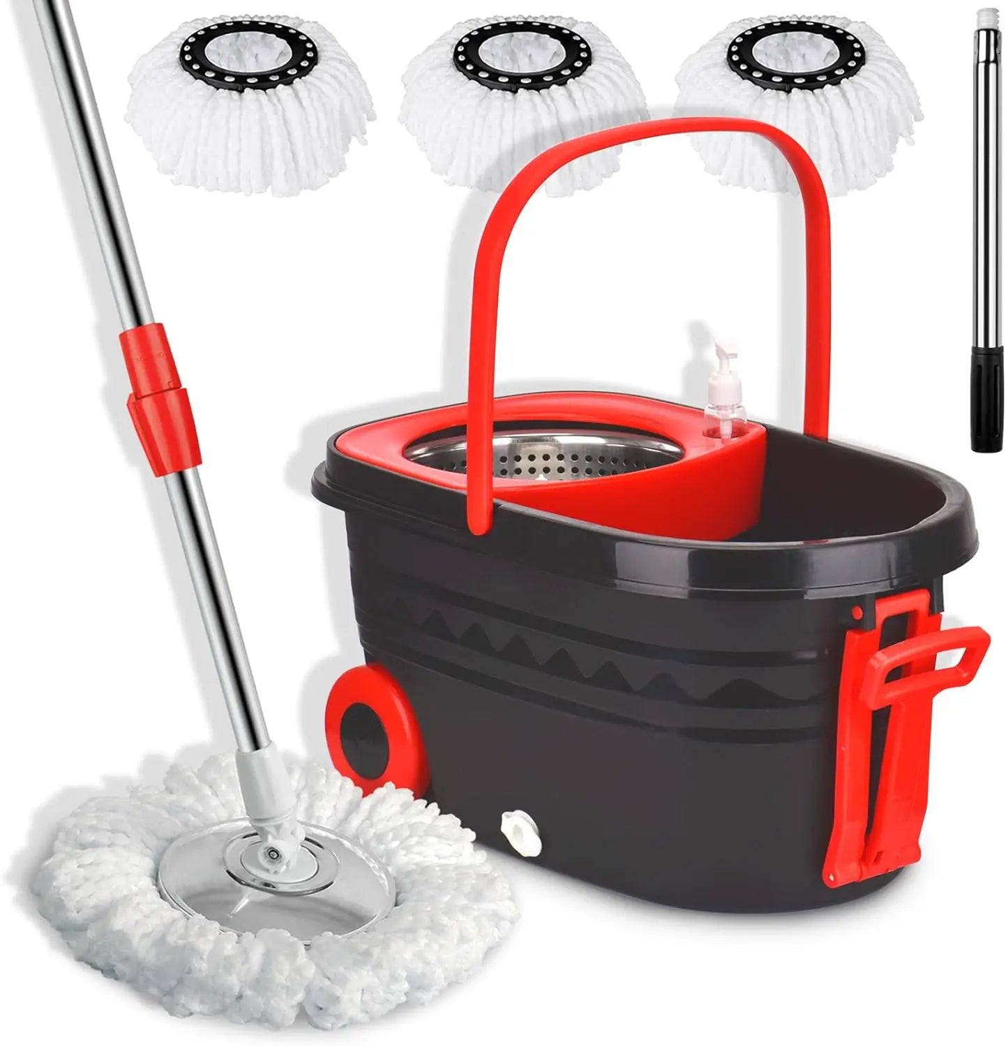 Black Spin Mop Bucket Set with Wringer – Wheeled Bucket, Adjustable Handle & 3 Replacement Mop Refills