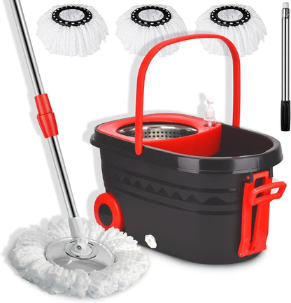 Black Spin Mop Bucket Set with Wringer – Wheeled Bucket, Adjustable Handle & 3 Replacement Mop Refills