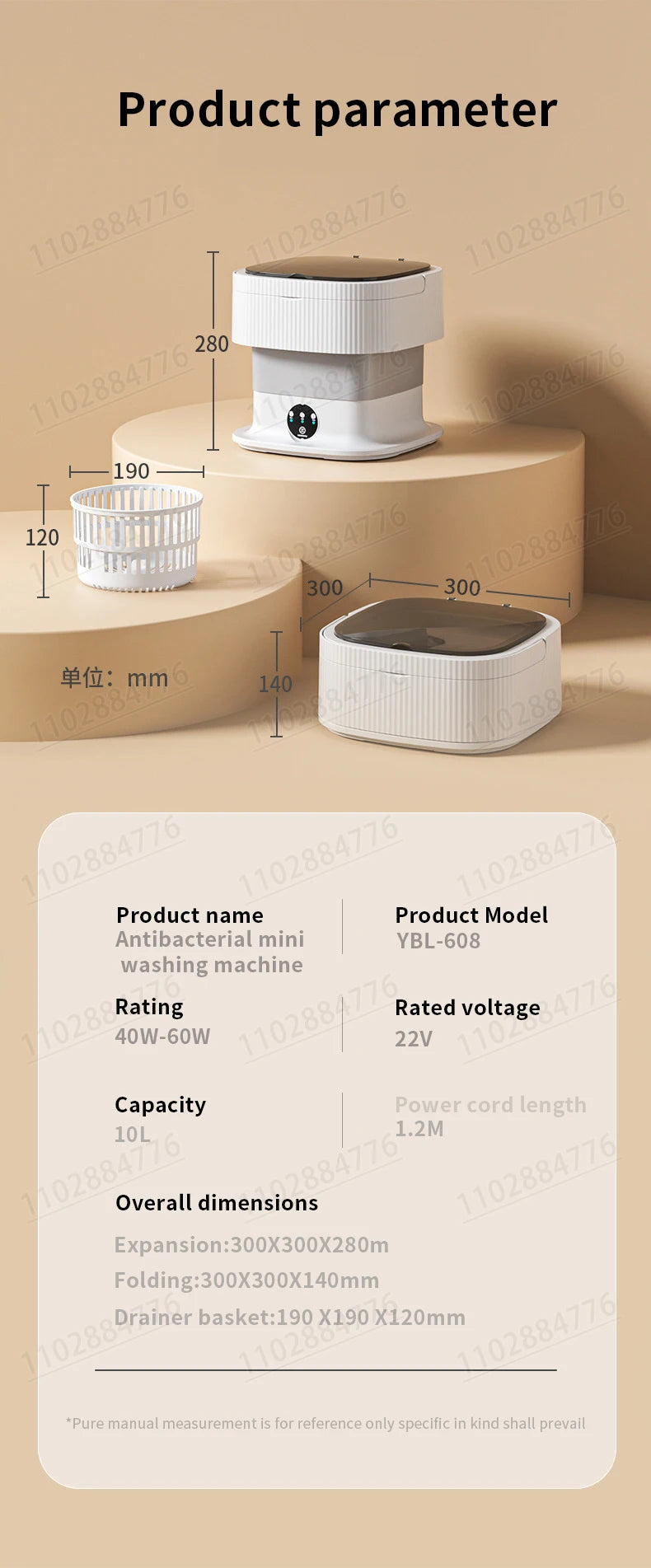 10L High-End Foldable Portable Washing Machine – Large Capacity with Blue Light, Timed Washing & Dehydration