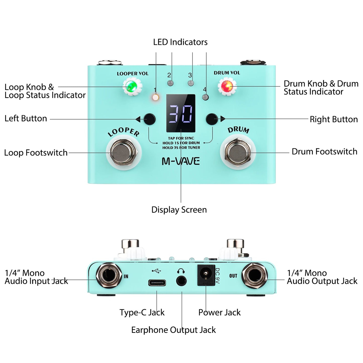 M-VAVE LOST TEMPO Effect Pedal – 2 in 1 Drum & Looper Mini Pedal with Double Footswitch, Drum Machine Pedal