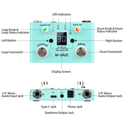 M-VAVE LOST TEMPO Effect Pedal – 2 in 1 Drum & Looper Mini Pedal with Double Footswitch, Drum Machine Pedal
