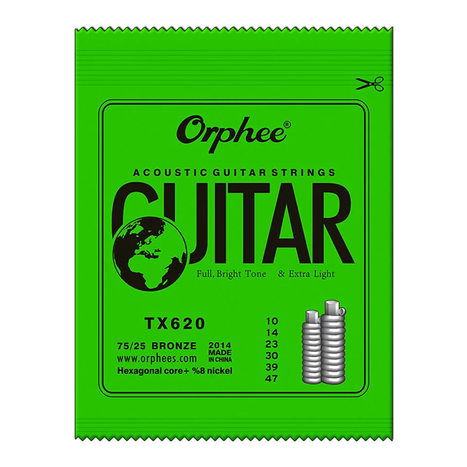 Orphee Acoustic Guitar Strings – 6Pcs/Set, Hexagonal Core, Full Bright Tone, TX620/TX630/TX640, Folk Guitar Accessories
