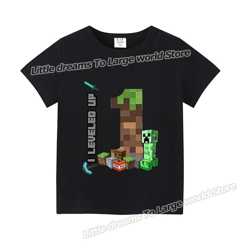 Miner Crafting Birthday Number T-Shirt – Cartoon Summer Short Sleeve Tops for Boys Party Gift